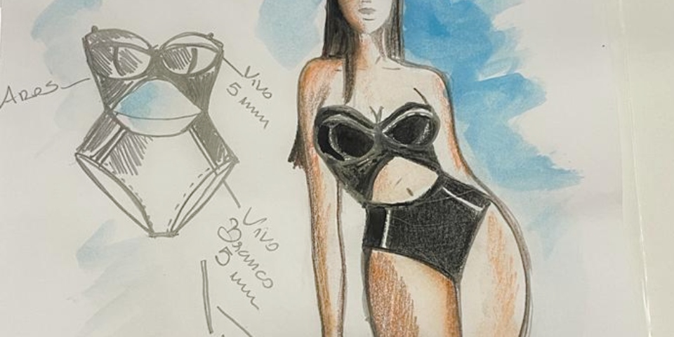 Sketch of a cut out black bathing suit, developed by FLM Textil.